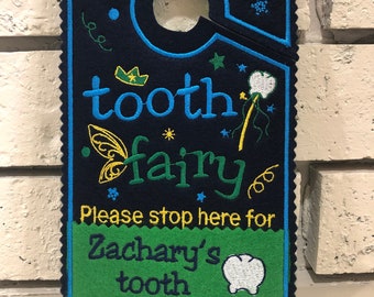 Tooth Fairy for Boys in Green, please stop here Door Hanger with tooth chart in the back, Better alternative to Tooth Fairy Pillow