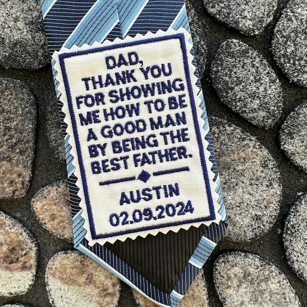 Father of the Groom Gift from Son, Personalized Embroidered tie label for Dad, custom sew-on or iron-on tie patch