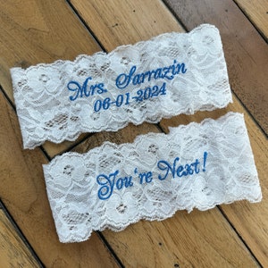 White Lace Bride Garter Set Embroidered with Last name and Wedding Date, Mrs Garter as a Keepsake garter and &quot;You&#39;re Next!&quot; toss garter