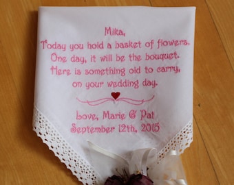 Flower Girl handkerchief personalized, White Lace Embroidered wedding hanky, Today you hold a basket