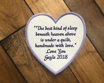 Heart Quilt Label Personalized, Custom Embroidery Quilt Patch, 6x6 inches Applique, Quilter Gift