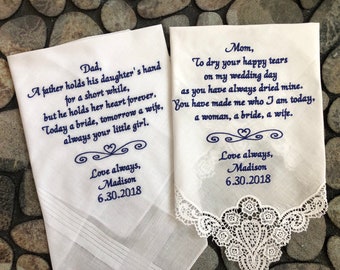 Set of 2 Father and Mother of the Bride Embroidered wedding handkerchief, Gift from bride daughter to Parents