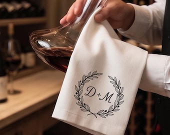 Custom Monogrammed Wedding Server Towel, Personalized Waiter & Bartender Cloth, Floral Wreath Initial Catering Towel, Wedding Bar Decor