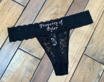 Property of Black Lace Thong Panties with Embroidery, Size LARGE only, Custom 13th Lace Anniversary Gift, Hens Party Gift, Gift for Husband