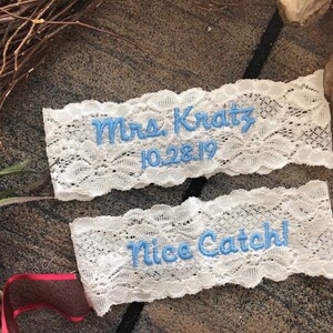 Wedding Garter Set or Single Personalized with Embroidery, Bridal Keepsake and Nice Catch Toss Garter, Custom Size Garter Gift,