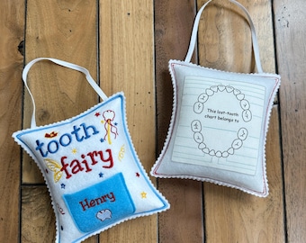 Embroidered Tooth Fairy Pillow with Tooth Chart and Money Pocket
