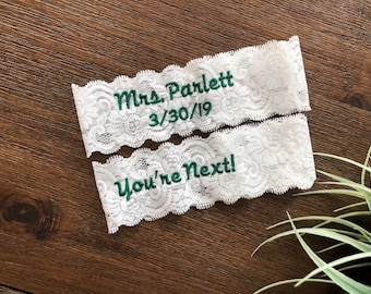 Gepersonaliseerde kousenband voor bruiden met borduursel, iets blauwe kousenbandset voor bruiden, aangepast formaat van klein tot grote maten