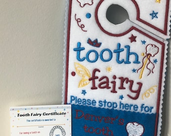 Tooth Fairy please stop here Door Hanger, tooth chart, Pocket, Tooth Fairy Pillow Alternative, Blue Red Boy colors,