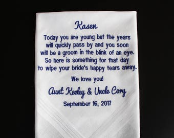 Ring Bearer Gift, Ring boy Personalized Embroidered Wedding Handkerchief,   White cotton Suit Pocket Square