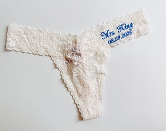 Personalized Bridal Lace Thong Panties, Custom Mrs Wedding Lingerie