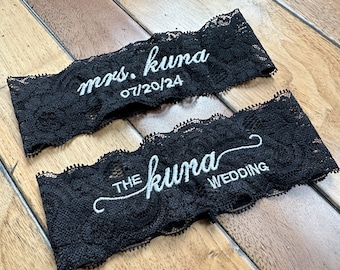 Custom Embroidered  Wedding Garters Set in Black Lace,  Personalized Bride Keepsake Mrs Garter, Custom Size Garter, bride wedding gift