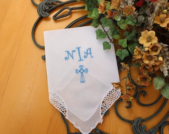 Mouchoir de baptême personnalisé, serviette de table blanche brodée à monogramme de baptême, cadeau de baptême monogramme