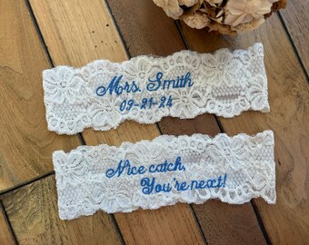 Mrs Wedding Garter Set Embroidered, Soft White Lace Personalized Bridal Garter, Something Blue for the Bride, Custom Size Garter, Bride Gift