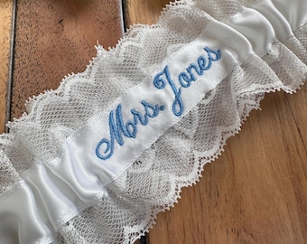 Personalized Wedding Garter: Custom Embroidered Bridal Lace, Petite to Plus Sizes