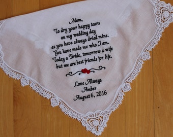 Mother of the Bride Embroidered Wedding Handkerchief, Personalized Mom Wedding Gift, To dry your happy tears