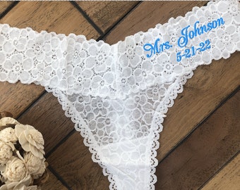 Custom Bride Mrs Panties, size XS only, Bridal Lingerie, Personalized Thong Underwear, bachelorette Gift