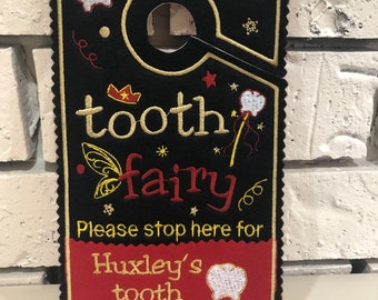 Tooth Fairy Door Hanger for Boys and Girls in Black Gold Red, Personalized Birthday Gift for Kids