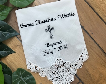Custom Baptism Lace Handkerchief, Personalized Christening Napkin, Embroidered Monogrammed Baptism white towel, Monogram Baptismal Gift