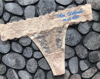 Mrs Bridal Lingerie Personalized with Embroidery, MRS Bride Thongs in Nude, Thong Style panties, Custom wedding gift Last Name