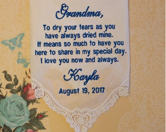 Grandma of the Bride Gift, Embroidered Wedding Handkerchiefs, Nana Gift, Personalized wedding favor, CUSTOM Gift