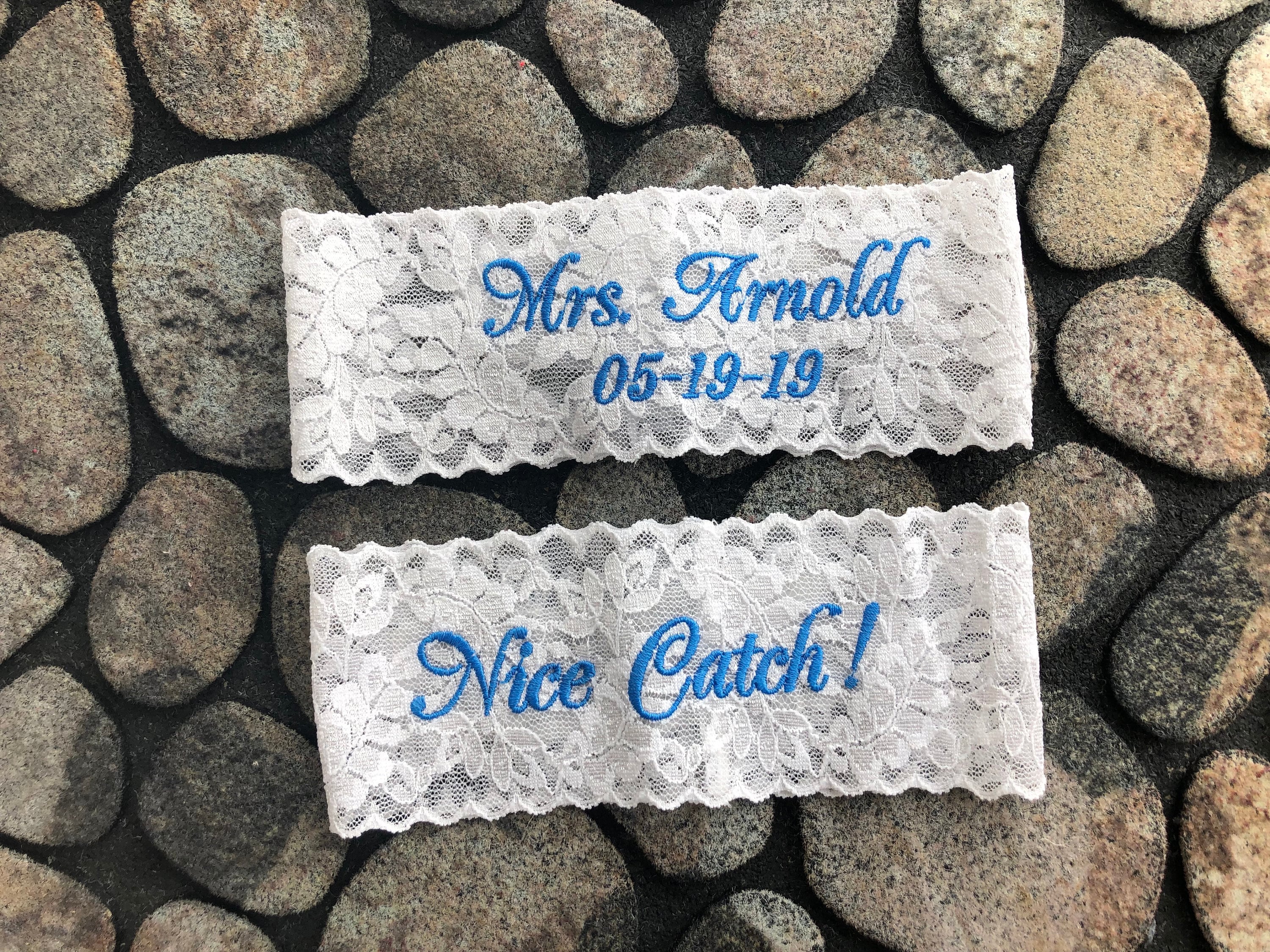 Custom White Lace Bridal Garter Set, Embroidered Wedding Garters, Personalized Bachelorette Gift