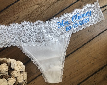 Sous-vêtements Mrs Thong personnalisés en dentelle blanche et coton, personnalisés pour les mariées avec broderie, lingerie de mariée MrsThong Panties