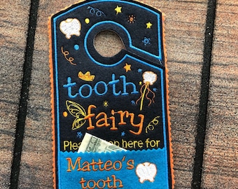 Tooth Fairy hanger for boys with pocket for tooth/money exchange,Door Hanger with tooth chart in,great alternative to Tooth Fairy Pillow