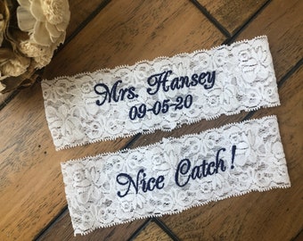 Wedding Garters Set or Single Personalized, Embroidered Bride Keepsake Mrs Garter, Custom Size Garter, white or ivory,bride gift