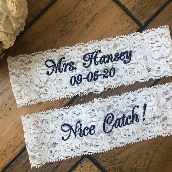 Wedding Garters Set or Single Personalized, Embroidered Bride Keepsake Mrs Garter, Custom Size Garter, white or ivory,bride gift