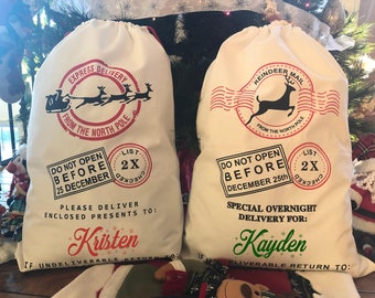 Personalized Santa Sack, North Pole Post Office Delivery Bag, Reindeer Delivery Bag, Holiday Drawstring Gift Bag, Christmas Sacks Canada
