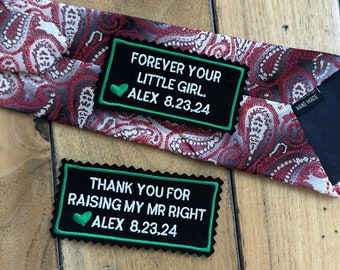 Personalized Wedding Tie Patches for Father of the Bride and Groom, set of 2 iron-on Black Embroidered Labels, Custom Wedding Gift for Dad