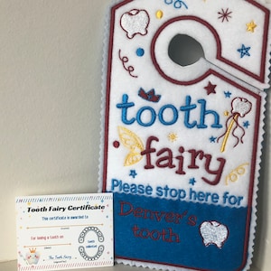 Colgador de puerta de hada de los dientes azules para niños con bolsillo para cambio de dinero, regalo de Navidad para niños, relleno de medias para niños
