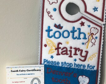 Blue Tooth Fairy Door Hanger for Boys with Pocket for Money Exchange, Christmas Gift for Kids, Stocking Stuffer for Kids