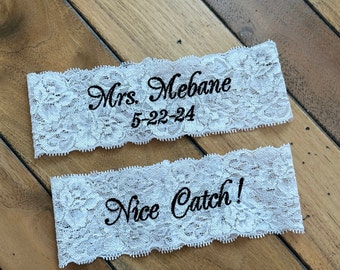 Custom Garter for Brides with Embroidery, Personalized Bridal Garter Set, Something Blue for Bride, Custom Size from Petite to Plus Sizes