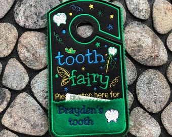 Custom Tooth Fairy Door Hanger in Black and Green, please stop here Door Hanger with tooth chart and Pocket, Tooth Fairy for Boys