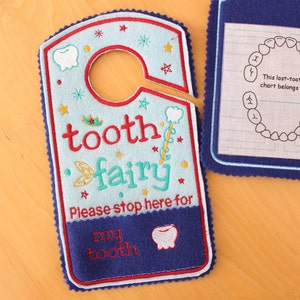 Tooth Fairy door hanger with tooth chart, please stop here Door Hanger with Money Exchange Pocket, boy colors, red, blue