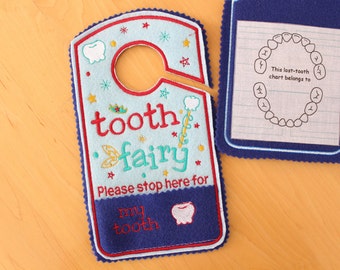 Tooth Fairy door hanger with tooth chart, please stop here Door Hanger with Money Exchange Pocket, boy colors, red, blue