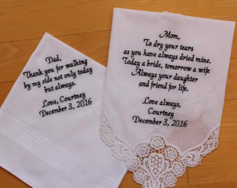 Set of 2 Wedding Hankies Father & Mother of the Bride handkerchiefS.  Wedding gift. parents gift, custom message LS14MS1F23