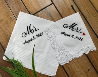 Mr & Mrs Embroidered Handkerchief Set, Personalized Wedding Gift, 2nd Cotton Anniversary Gift