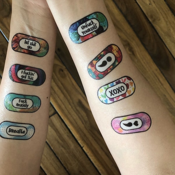 Mental Health Inspiring Bandage Temporary Tattoos, 16 tattoos per pack, Positive Affirmation Plaster Tattoos, Happy Tattoos