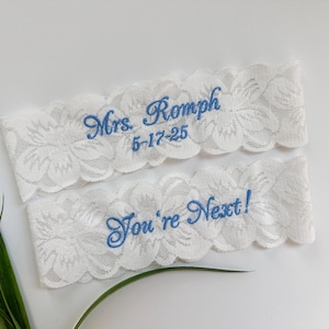 Wedding Garters Set or Single Personalized, Embroidered Bride Keepsake Mrs Garter, Custom Size Garter, white or ivory,bride gift