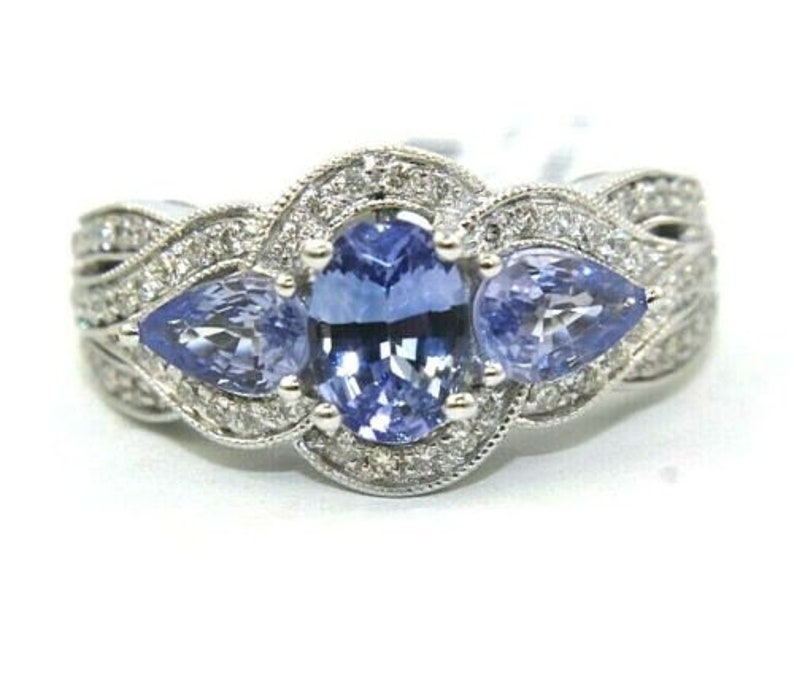 Natural Oval and Pear Blue Sapphire Diamond Solitaire Ring 14K Natural Oval and Pear Blue Sapphire Diamond Solitaire Ring 14K
