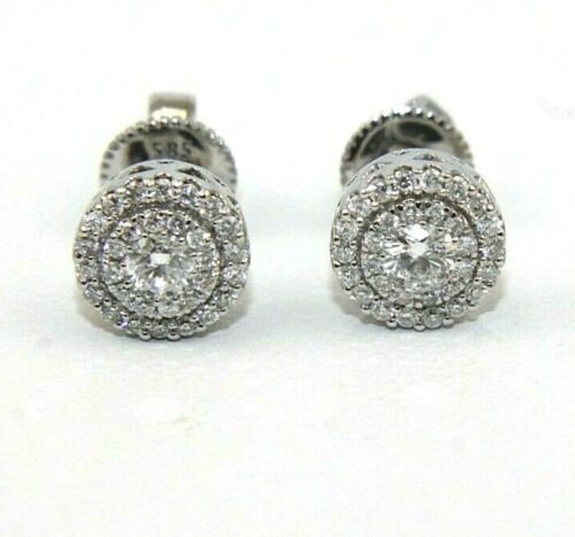 Round Diamond Cluster Halo Stud Lady's Earrings 14K White - Etsy