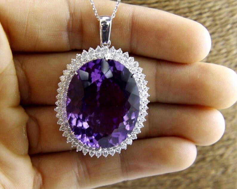 Fine Huge Oval Purple Amethyst & Diamond Necklace Pendant 14K - Etsy