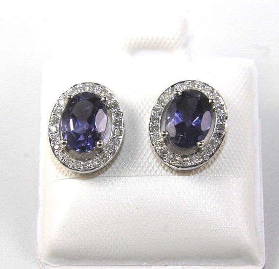 Or 14Kt Saphir Bleu Ovale Cadre Clous D/'Oreilles