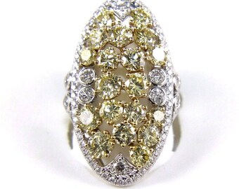 Fine Long Oval Yellow  Diamond Round Cut Cluster Fashion Ring 14k White Gold 6.38Ct