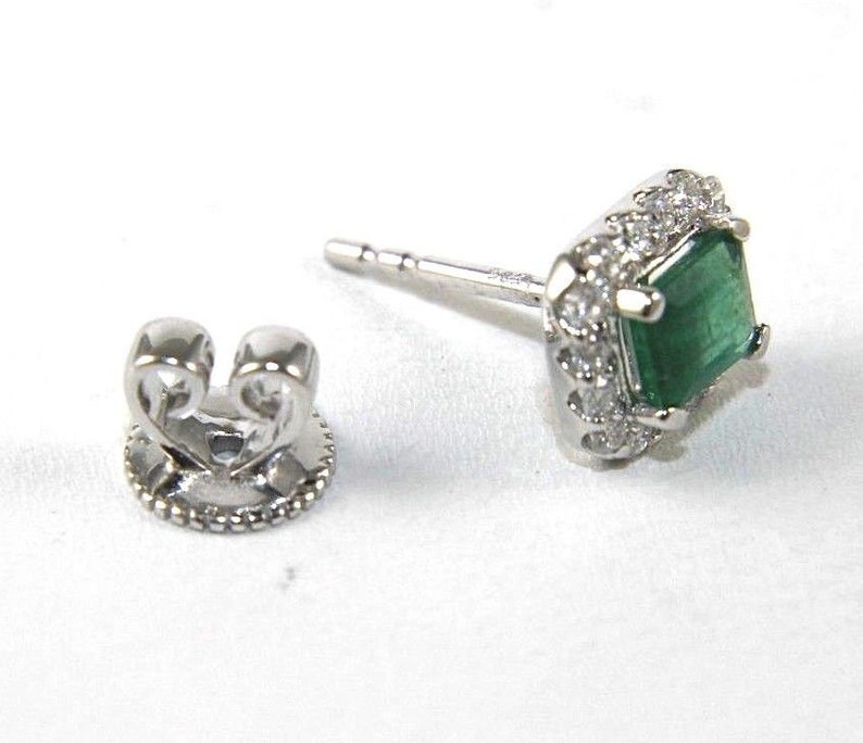 Green Emerald & Diamond Halo Stud Earrings 14K White Gold Etsy