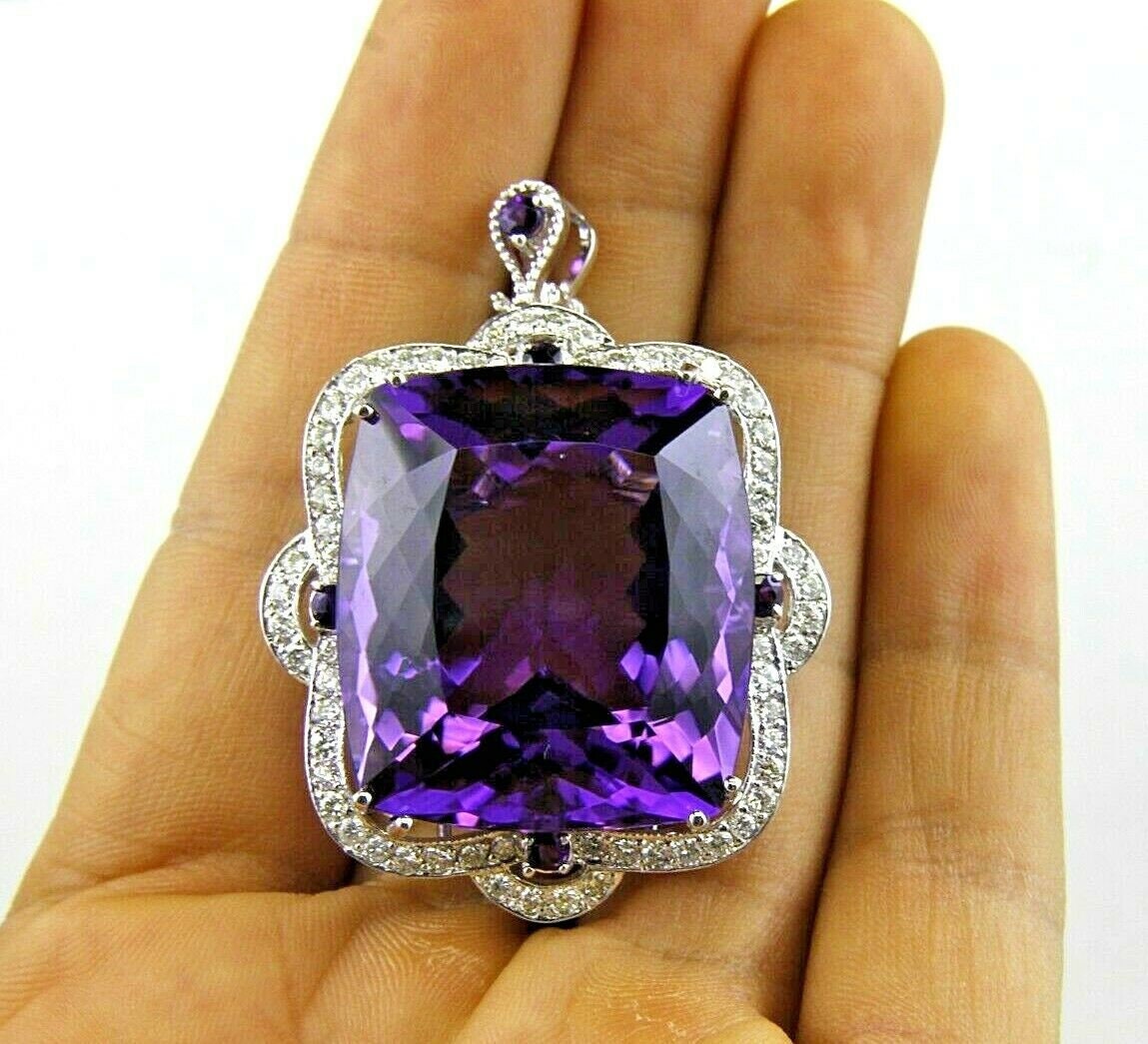 Emerald Cut Purple Amethyst & Diamond Halo Lady's Pendant | Etsy
