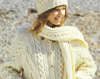 PDF Aran Cardigan Hat Mittens Scarf Knitting Pattern – Vintage, Aran, Retro, Chunky Jumper, Chunky Sweater Jumper  PDF instant download