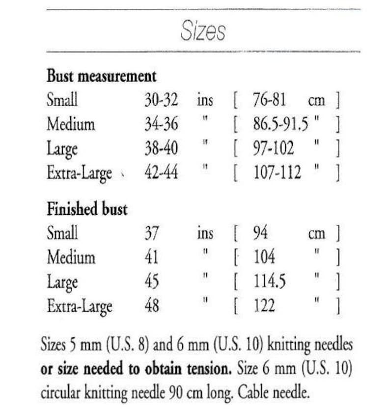 May include: A chart showing knitting sizes for a garment. The chart lists bust measurements in inches and centimeters, and finished bust measurements in inches and centimeters. The chart also includes the recommended knitting needle sizes.